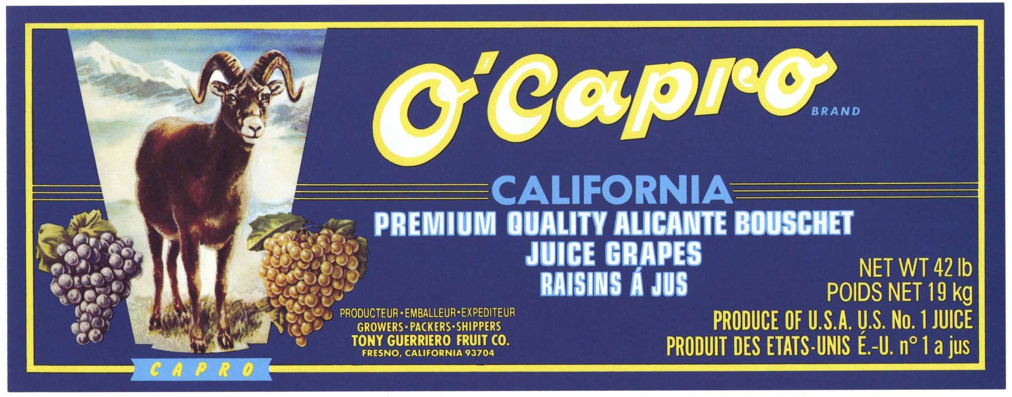 O'Capro Brand Vintage Wine Grape Crate Label