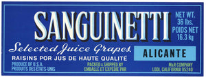 Sanguinetti Brand Vintage Wine Grape Crate Label, Alicante