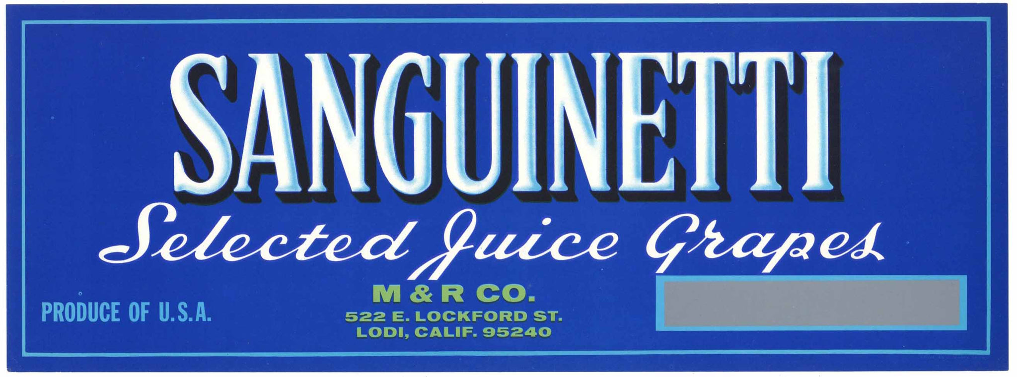 Sanguinetti Brand Vintage Wine Grape Crate Label, overprint