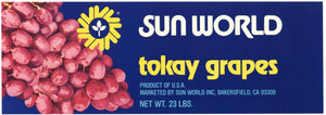 Sun World Brand Vintage Bakersfield California Grape Crate Label, Tokay Grapes