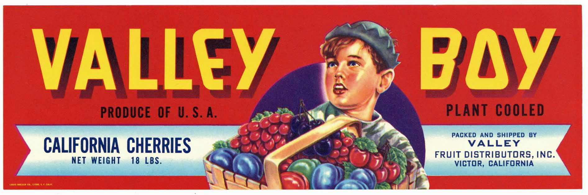 Valley Boy Brand Vintage Victor California Cherry Crate Label, smaller