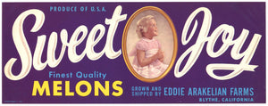 Sweet Joy Brand Vintage Blythe California Melon Crate Label