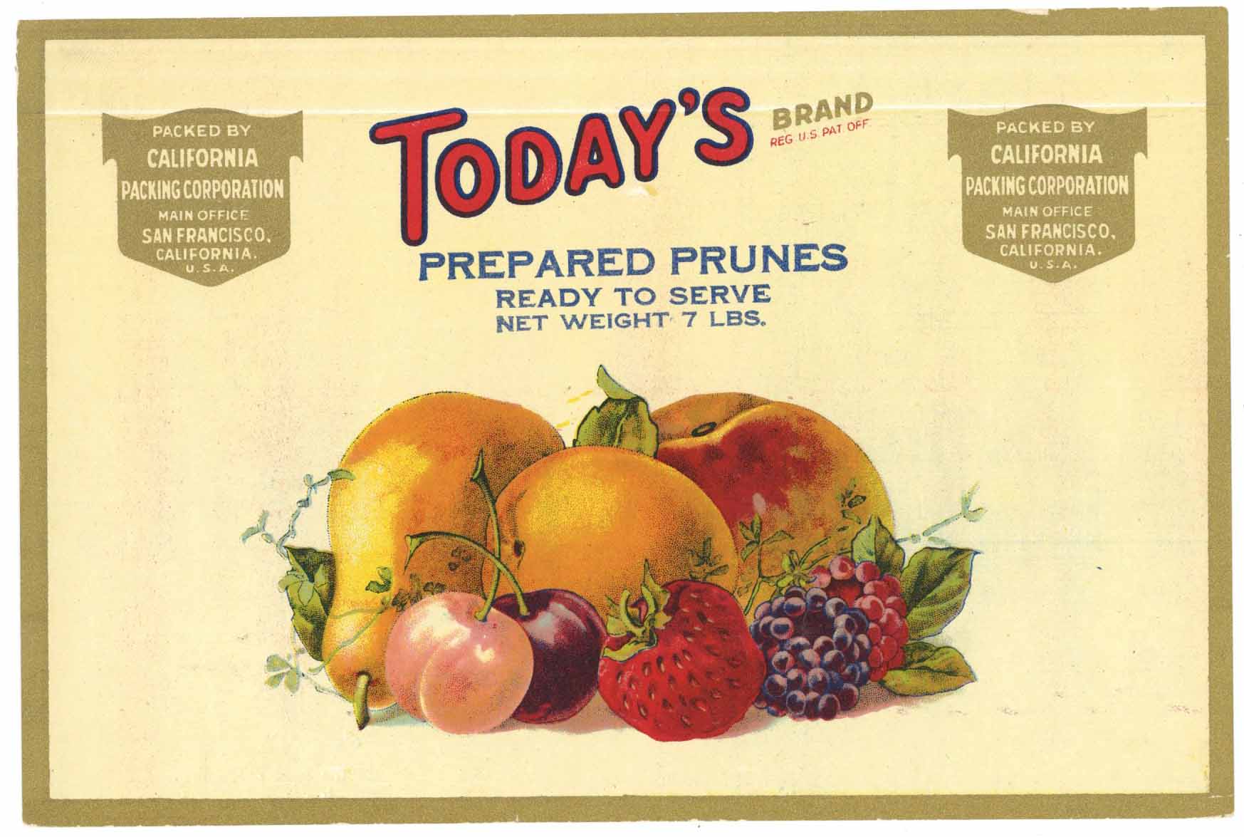 Today's Brand Vintage Prepared Prunes Can Label