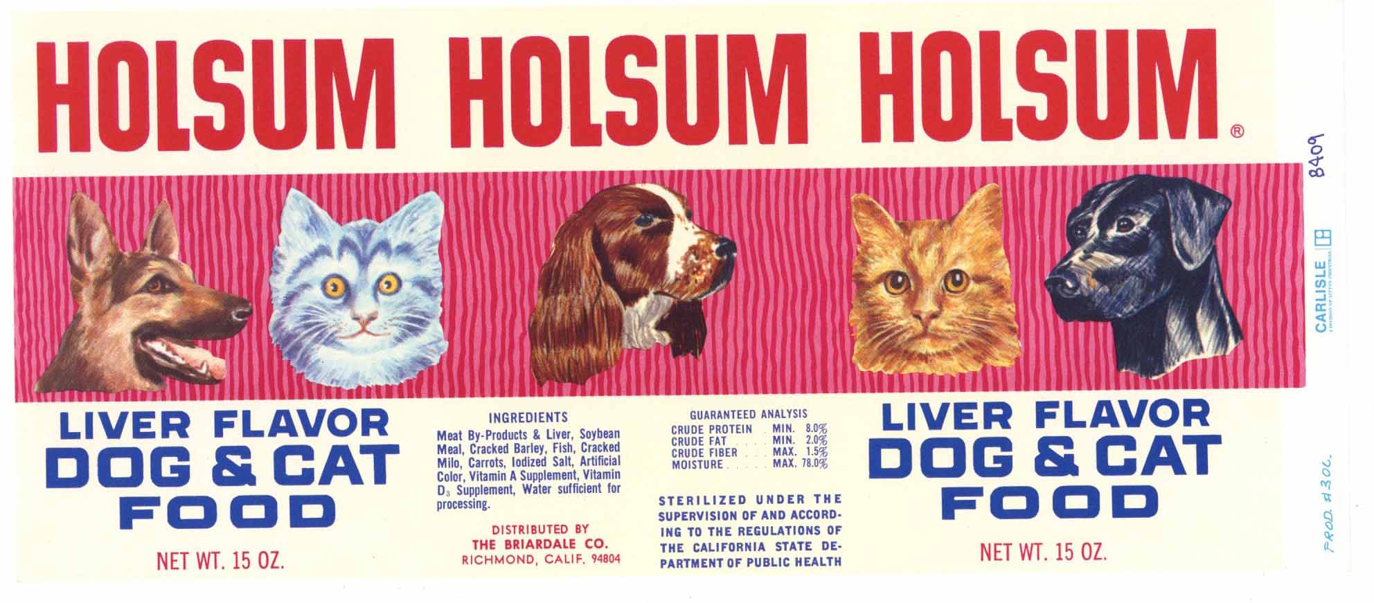 Holsum Brand Vintage Richmond California Dog & Cat Food Can Label