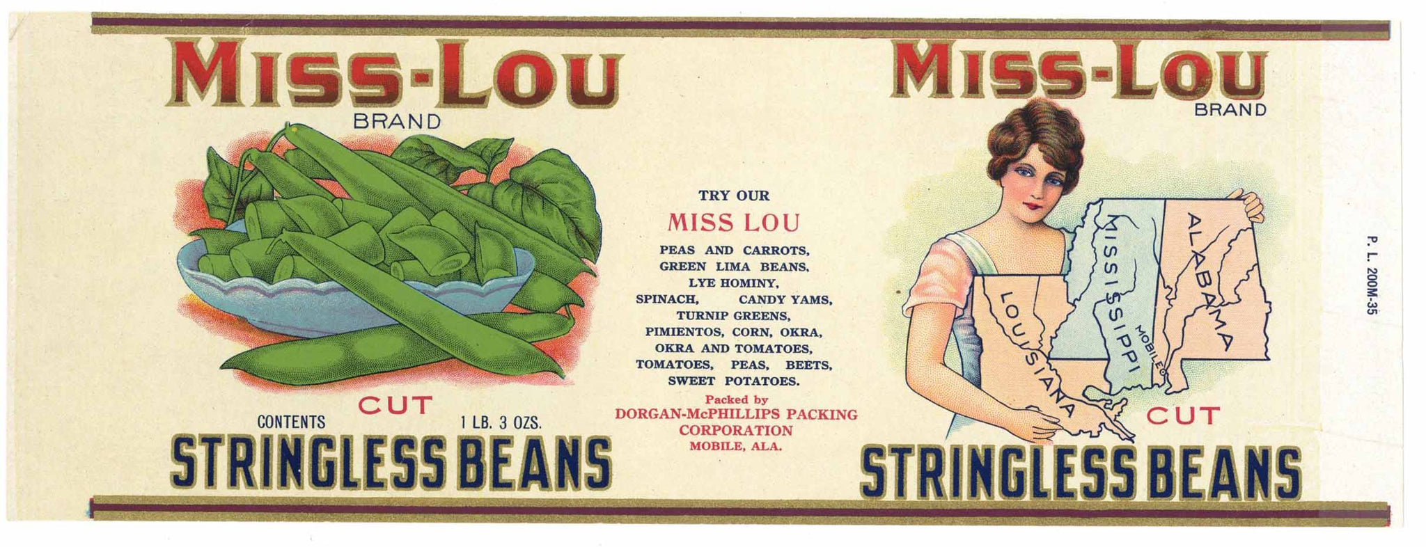 Miss-Lou Brand Vintage Mobile Alabama Stringless Beans Can Label