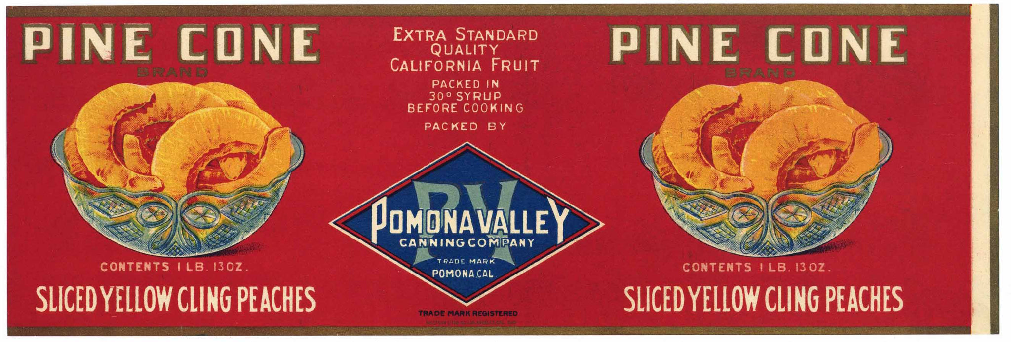 Pine Cone Brand Pomona California Peach Can Label