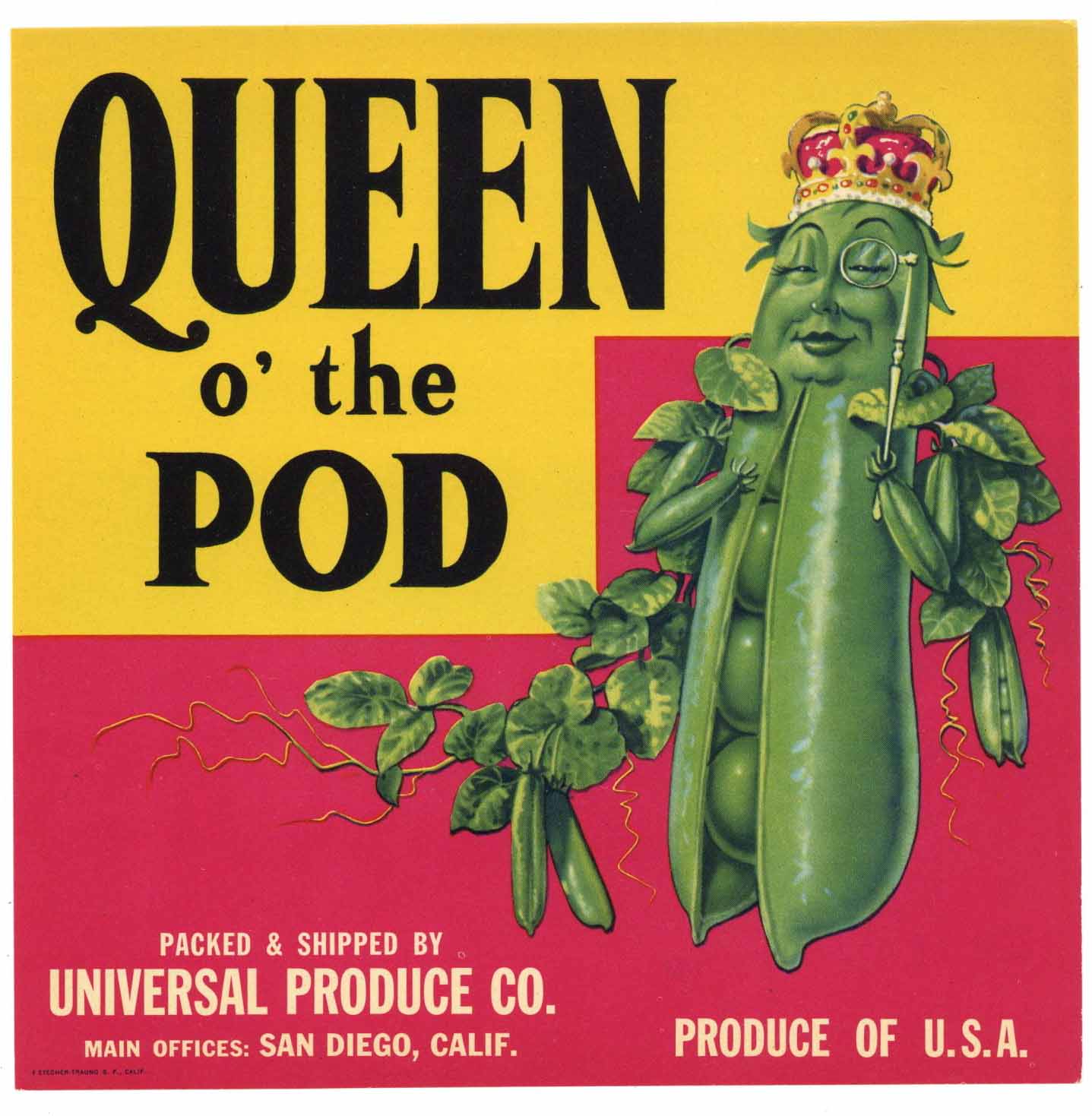 Queen O' The Pod Brand Vintage San Diego Vegetable Crate Label