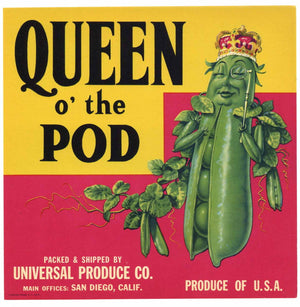 Queen O' The Pod Brand Vintage San Diego Vegetable Crate Label