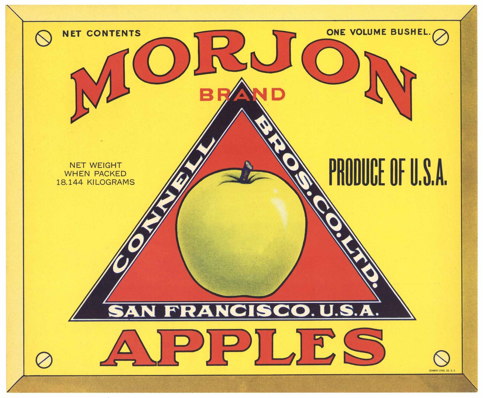 Morjon Brand Vintage Connell Bros. Apple Crate Label, yellow apple, red square