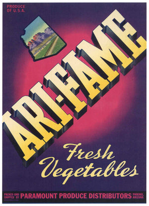 Ari-Fame Brand Vintage Phoenix Arizona Vegetable Crate Label, larger