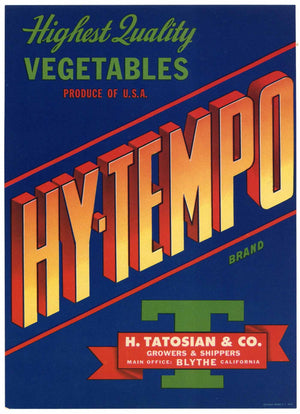 HY-Tempo Brand Vintage Blythe California Vegetable Crate Label