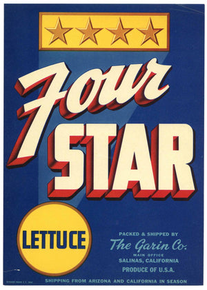 Four Star Brand Vintage Salinas California Lettuce Crate Label L