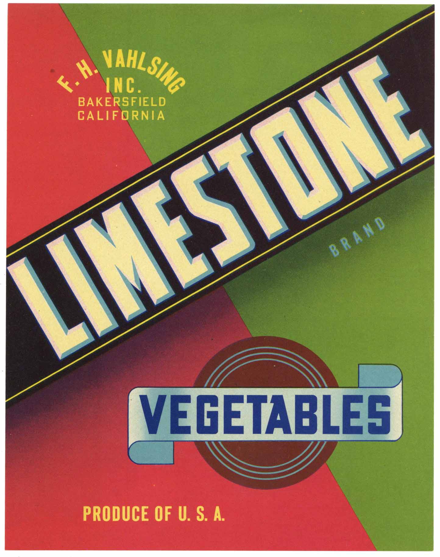 Limestone Brand Vintage Bakersfield California Vegetable Crate Label, larger