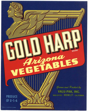 Gold Harp Brand Vintage Imperial County Vegetable Crate Label, Valu-Pak, Inc