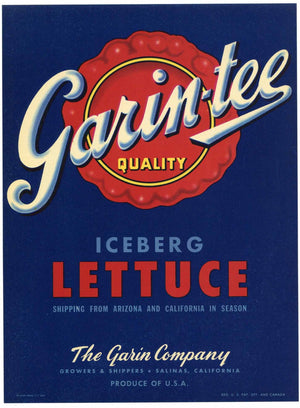 Garin-tee Brand Vintage Salinas California Lettuce Crate Label, larger