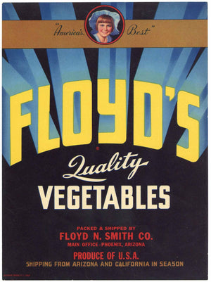 Floyd's Brand Vintage Phoenix Arizona Vegetable Crate Label