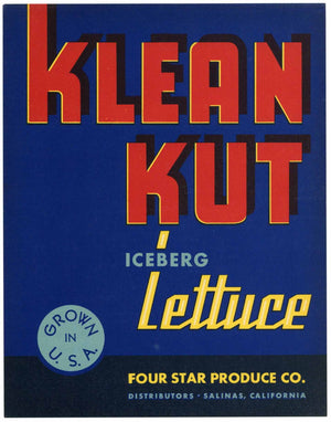 Klean Kut Brand Vintage Salinas California Lettuce Crate Label