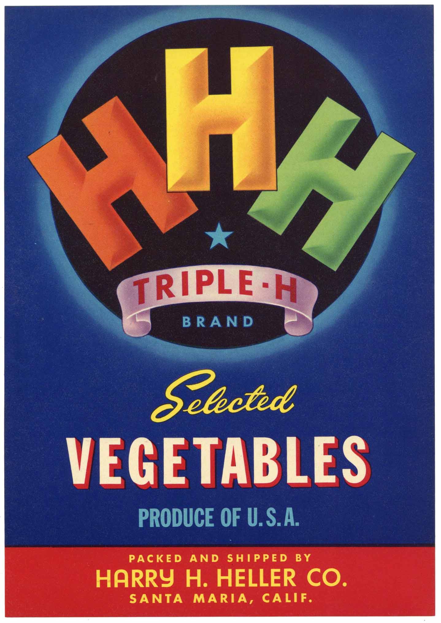 Triple H Brand Vintage Santa Maria California Vegetable Crate Label, larger