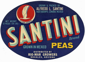 Santini Brand Vintage Nogales California Pea Crate Label, oval