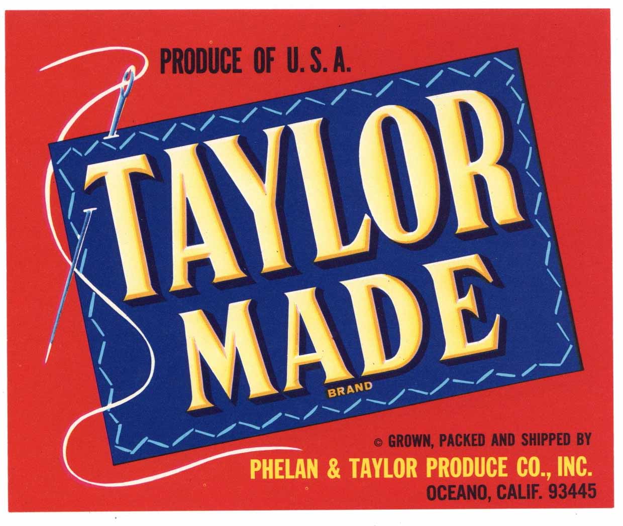 Taylor Made Brand Vintage Oceano California Vegetable Crate Label