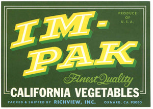 Ima-Pak Brand Vintage Oxnard California Vegetable Crate Label