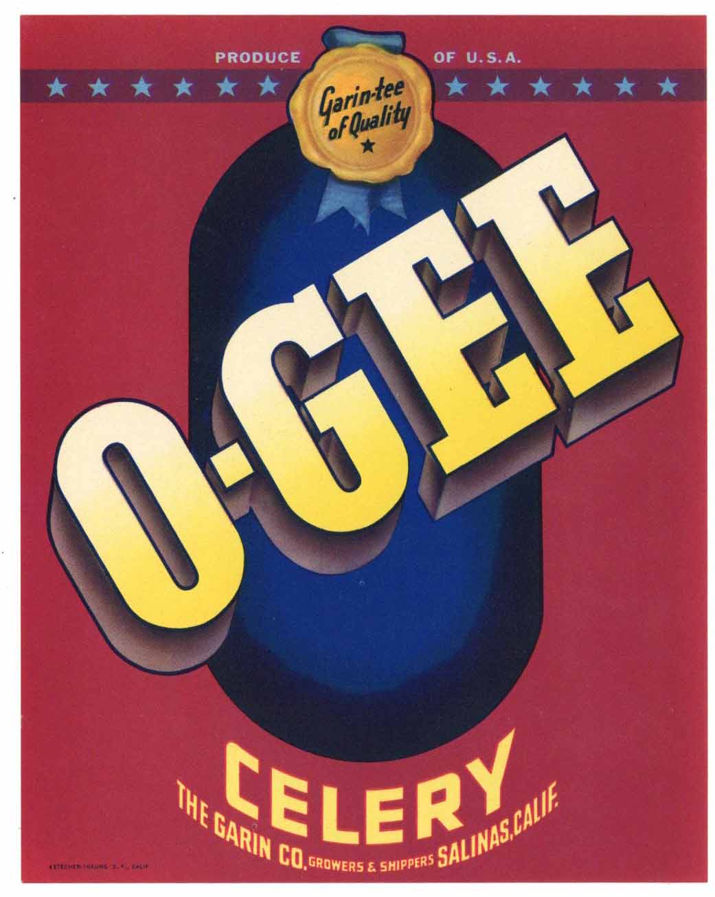 O-Gee Brand Vintage Salinas California Celery Crate Label