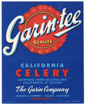 Garin-Tee Brand Vintage Salinas California Celery Crate Label