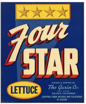 Four Star Brand Vintage Salinas California Lettuce Crate Label smaller