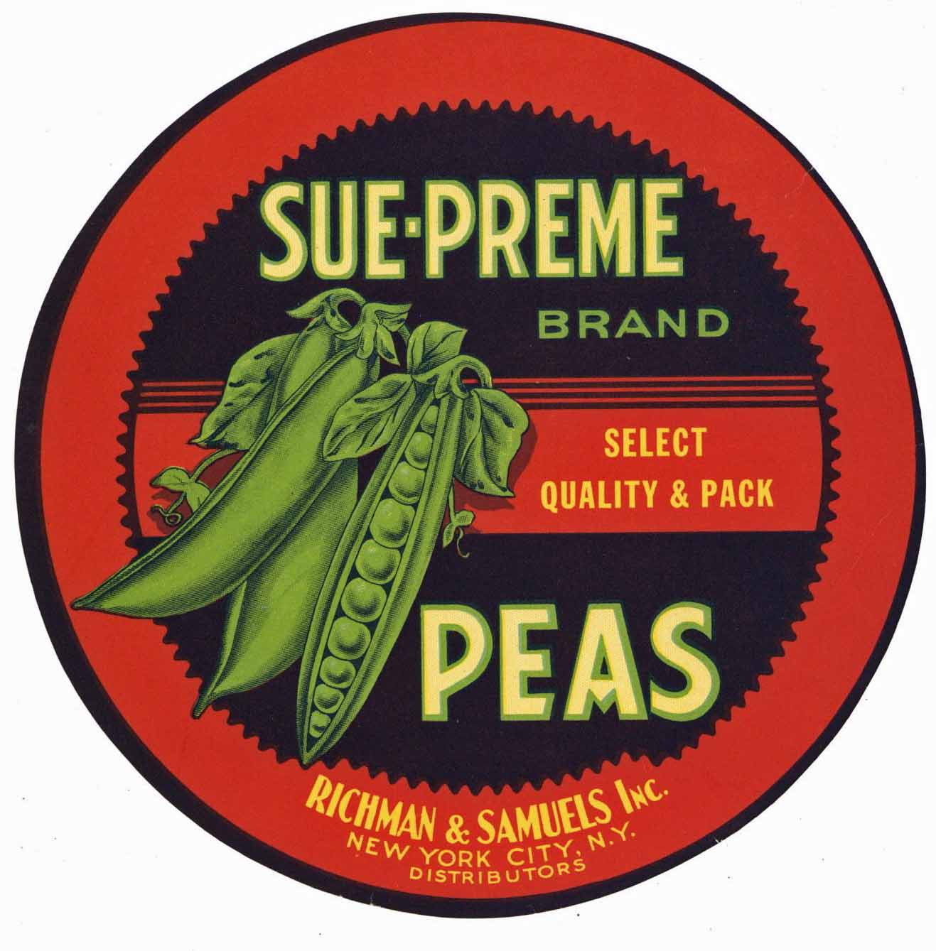 Sue-Preme Brand Vintage Pea Crate Label