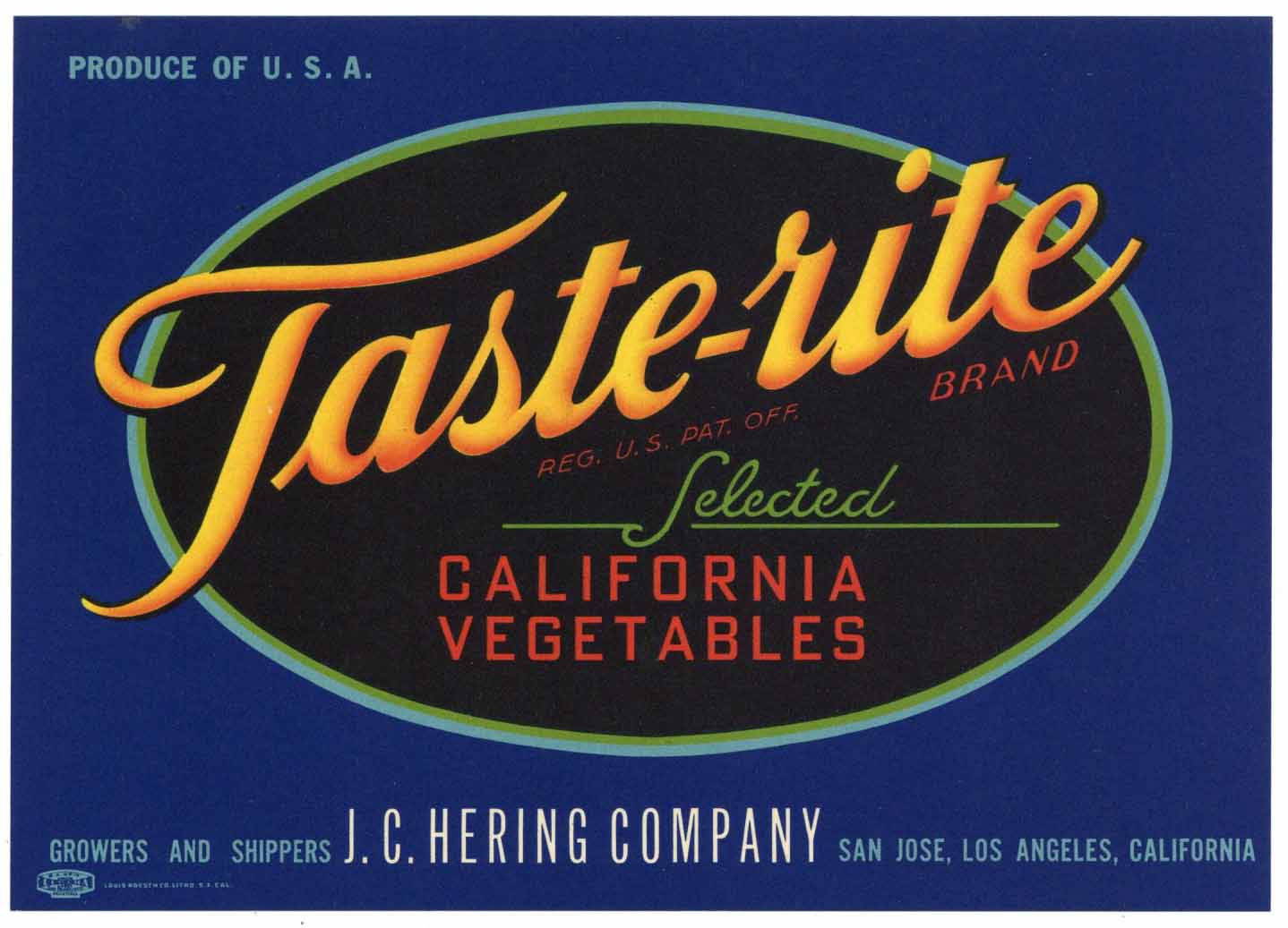 Taste-Rite Brand Vintage San Jose California Vegetable Crate Label