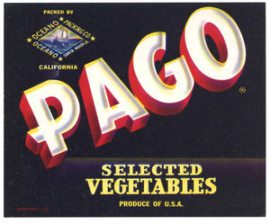 Pago Brand Vintage Oceano California Vegetable Crate Label, s