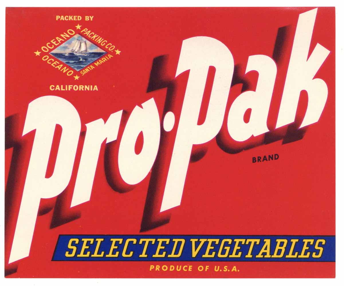 Pro Pak Brand Vintage Oceano California Vegetable Crate Label, s