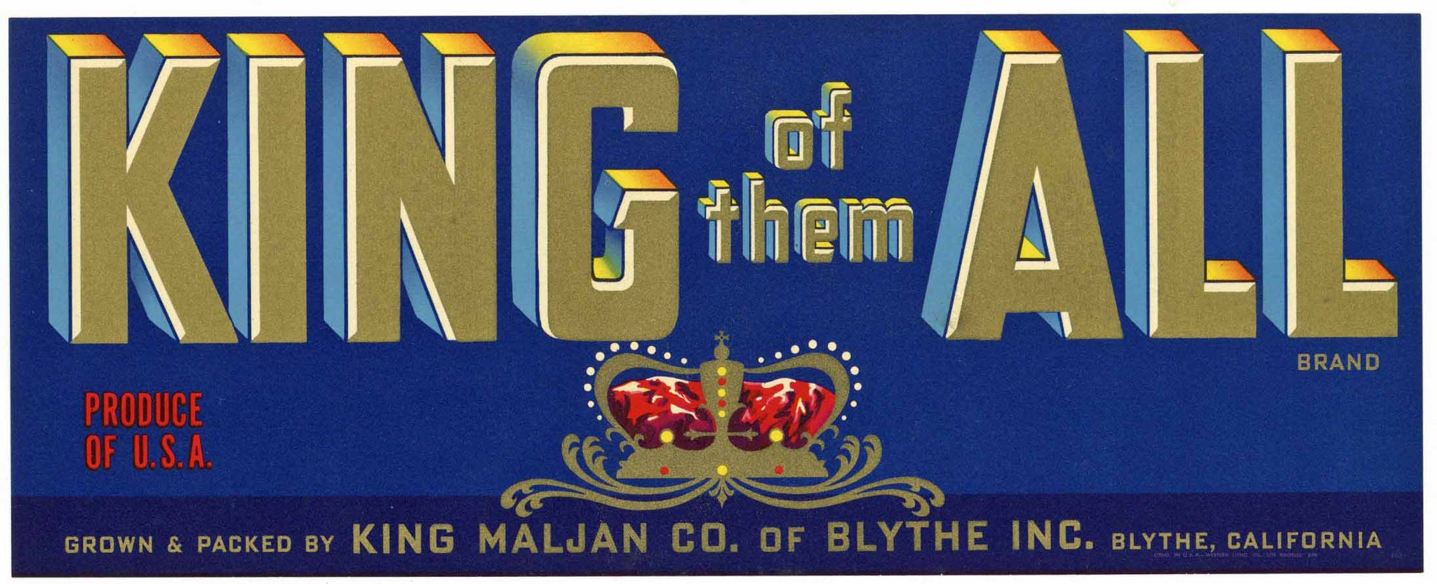 King of them ALL Brand Vintage Blythe California Produce Crate Label, blue