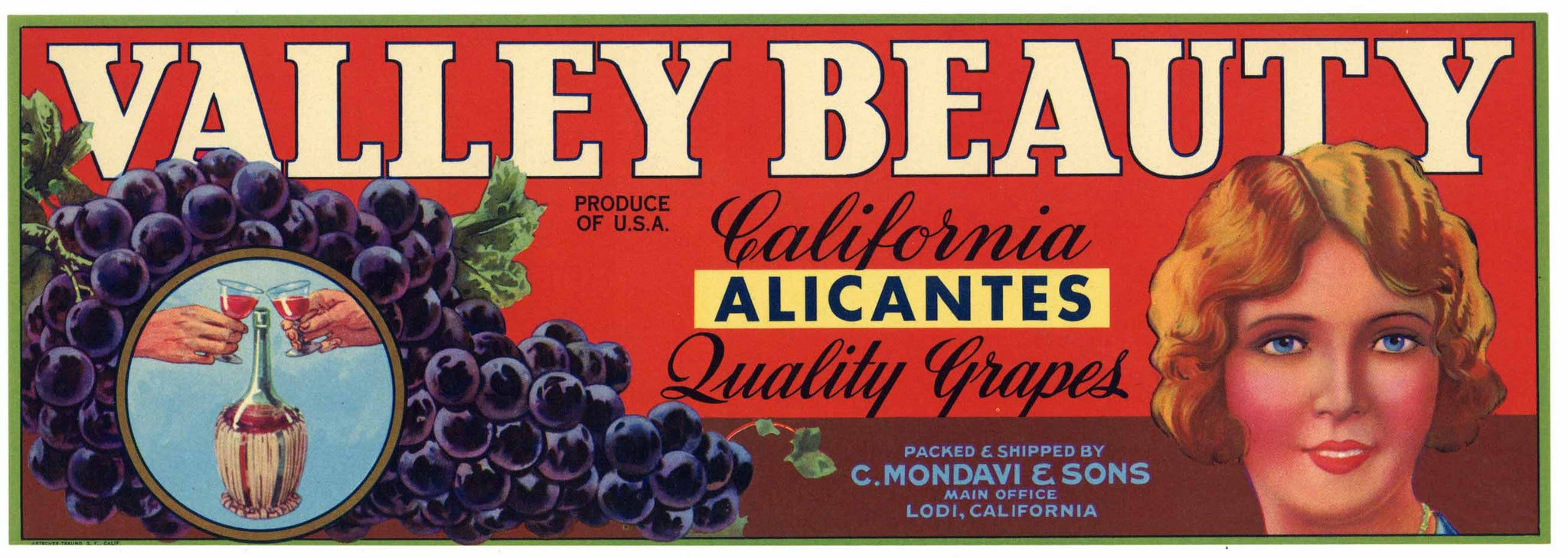 Valley Beauty Brand Vintage C. Mondavi Alicante Grape Crate Label