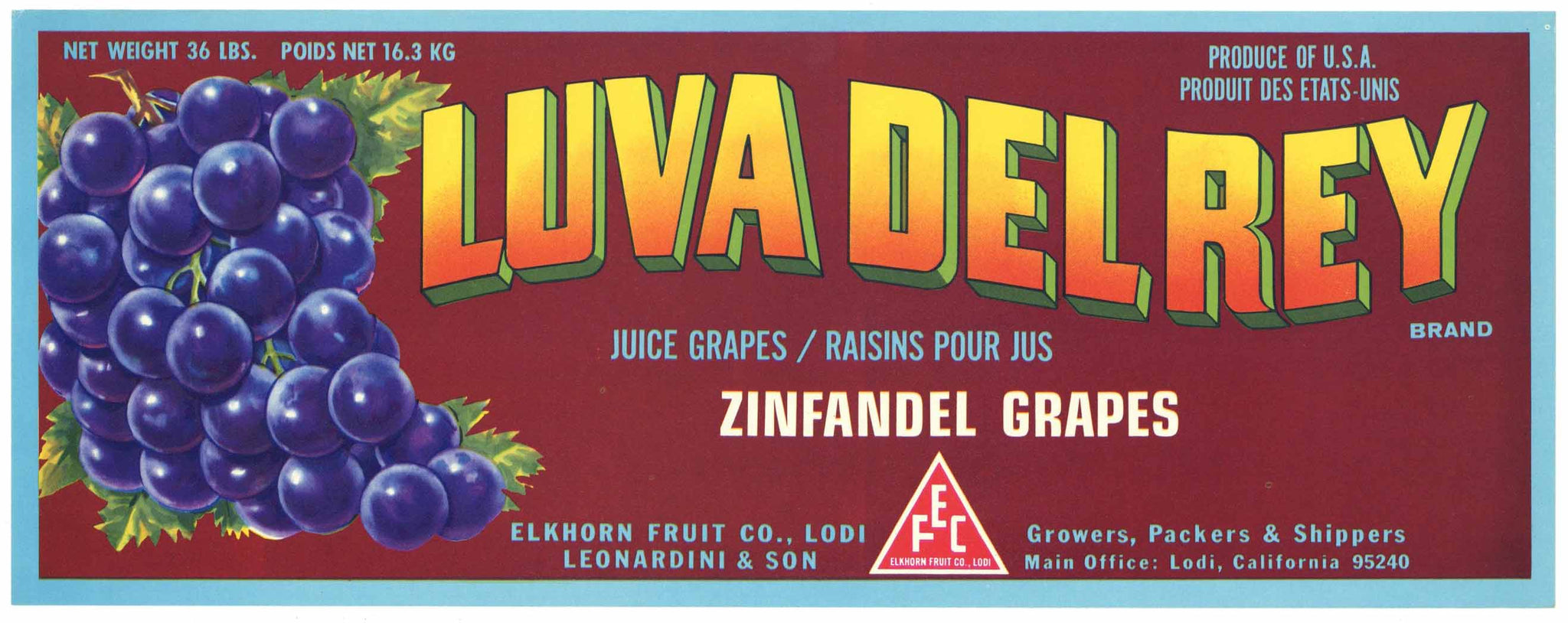 Luva Del Rey Brand Vintage Lodi California Grape Crate Label, Zinfandel