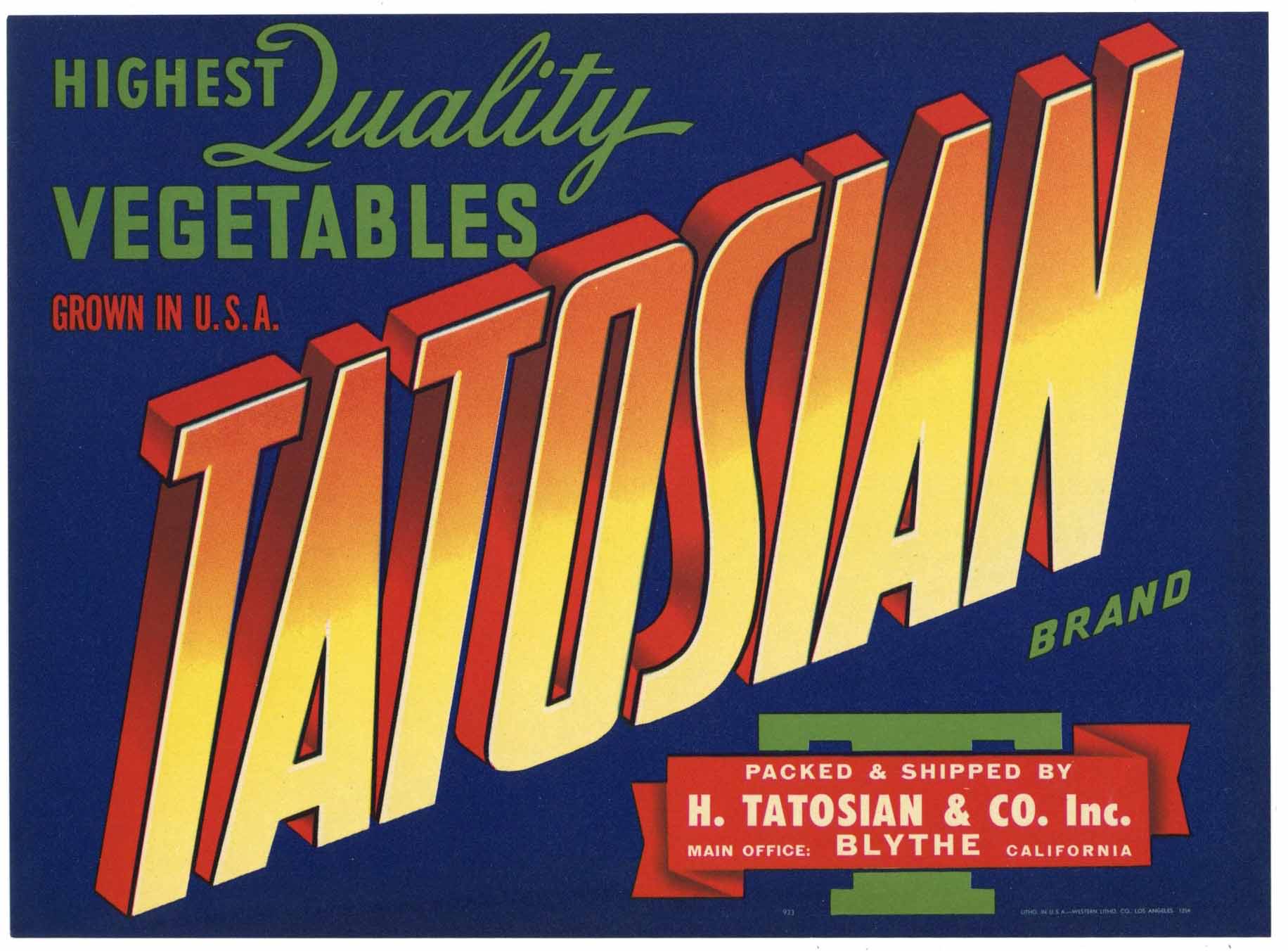 Tatosian Brand Vintage Blythe California Vegetable Crate Label