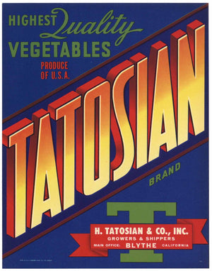 Tatosian Brand Vintage Blythe California Vegetable Crate Label