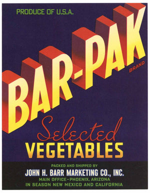 Bar-Pak Brand Vintage Phoenix Arizona Vegetable Crate Label