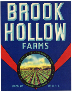 Brook Hollow Brand Vintage Hollister California Vegetable Crate Label