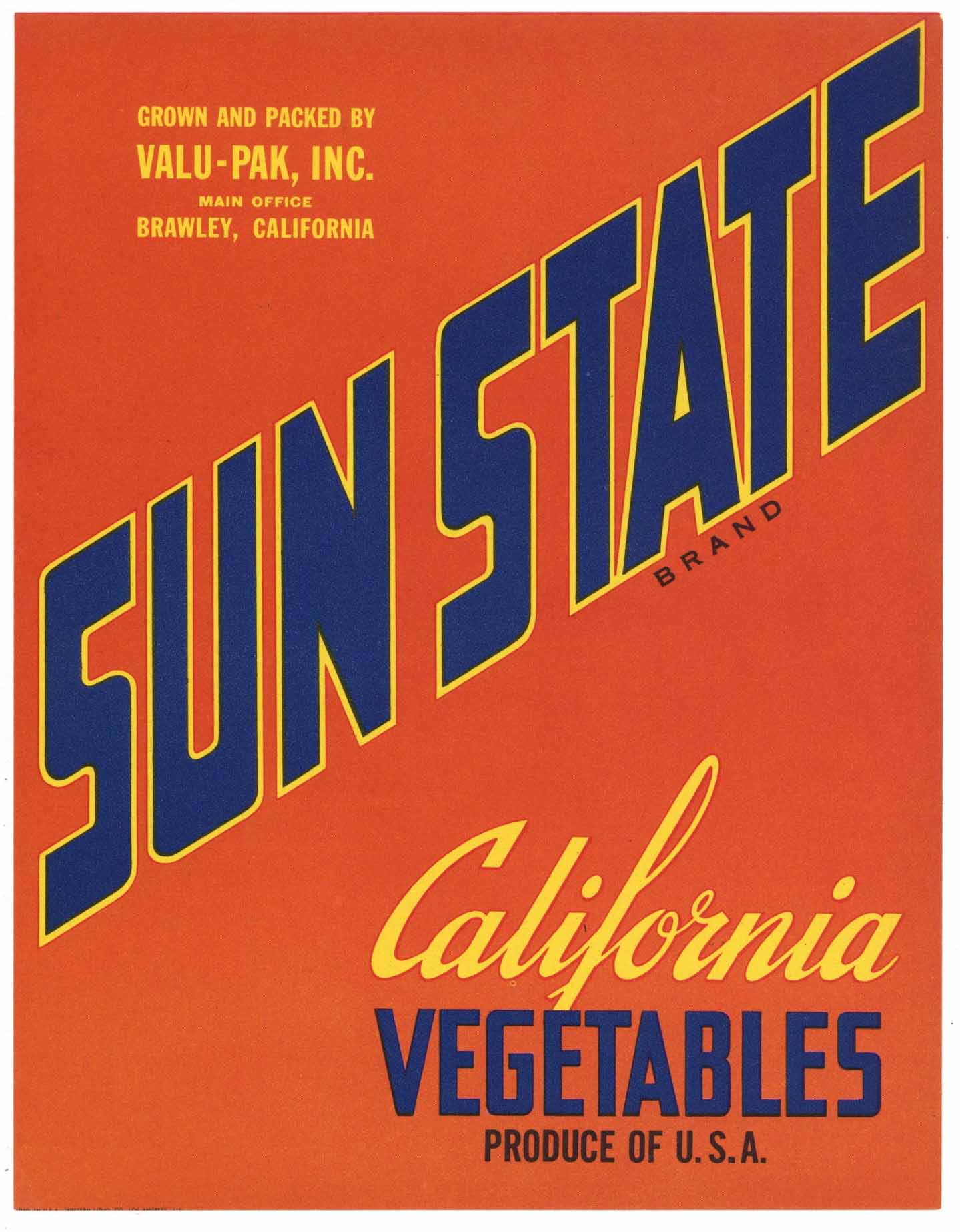 Sun State Brand Vintage Brawley California Vegetable Crate Label