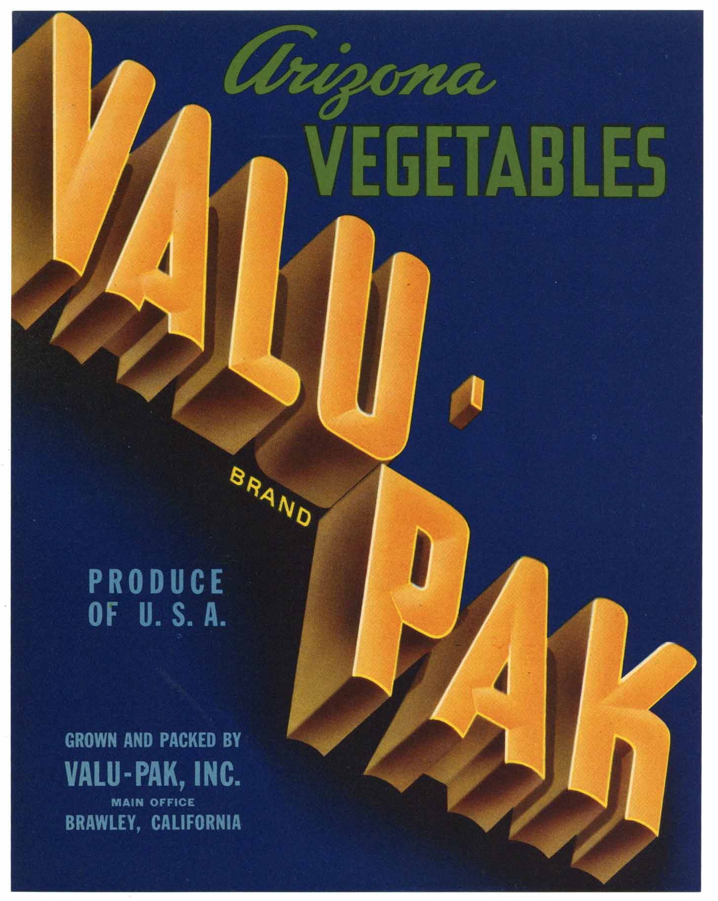 Valu-Pak Brand Vintage Brawley California Vegetable Crate Label, valu-pak