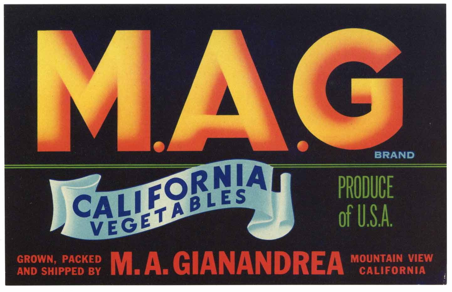 M. A. G. Brand Vintage Mountain View California Vegetable Crate Label