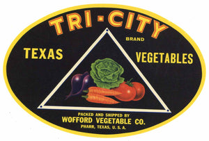 Tri-City Brand Vintage Pharr Texas Vegetable Crate Label, oval