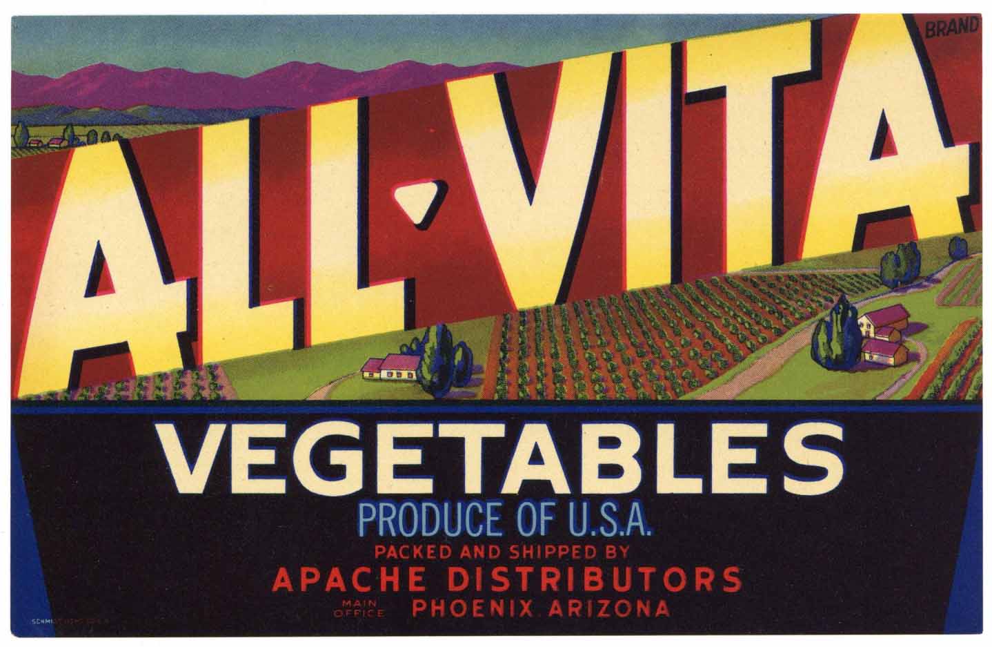 All-Vita Brand Vintage Phoenix Arizona Vegetable Crate Label