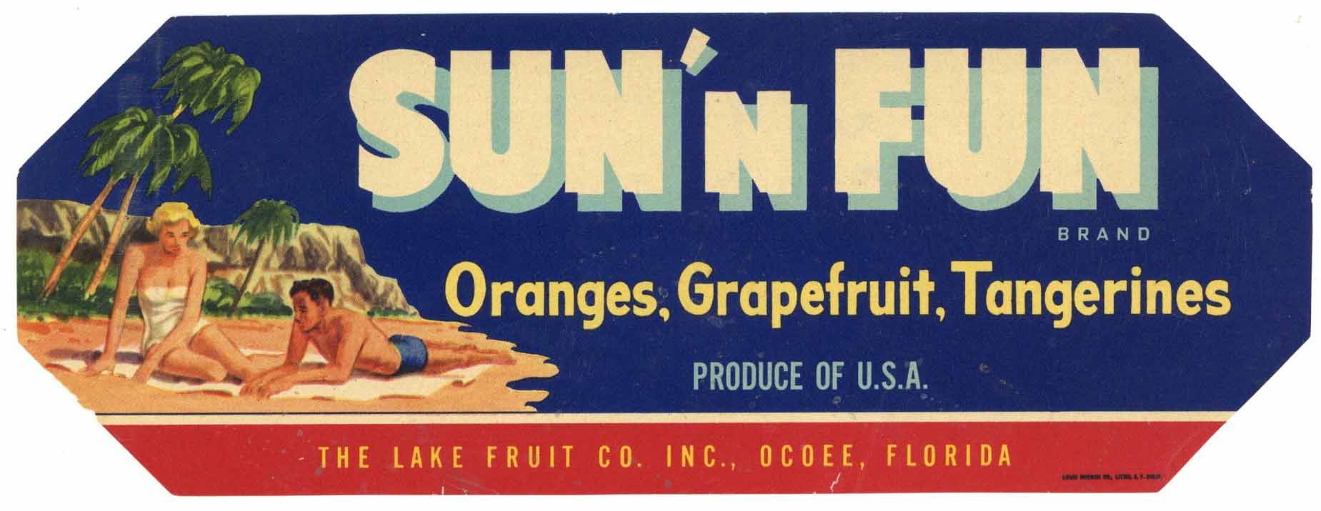 Sun' N Fun Brand Vintage Ocoee Florida Citrus Crate Label