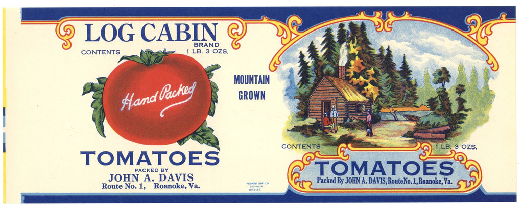 Log Cabin Brand Vintage Roanoke Virginia Tomato Can Label