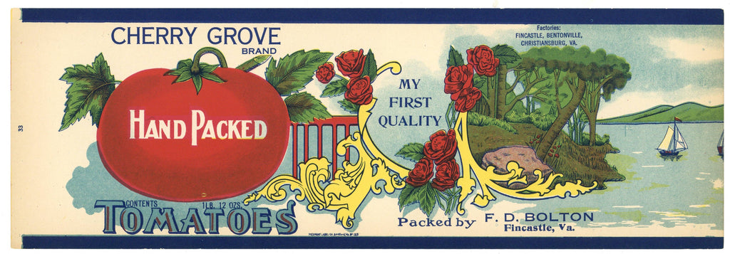 Cherry Grove Brand Vintage Fincastle Virginia Tomato Can Label