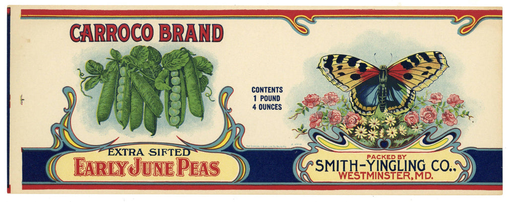 Carroco Brand Vintage Westminster Maryland Peas Can Label