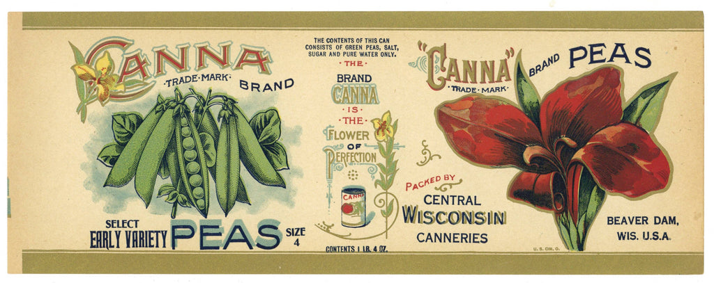 Canna Brand Vintage Beaver Dam Wisconsin Peas Can Label