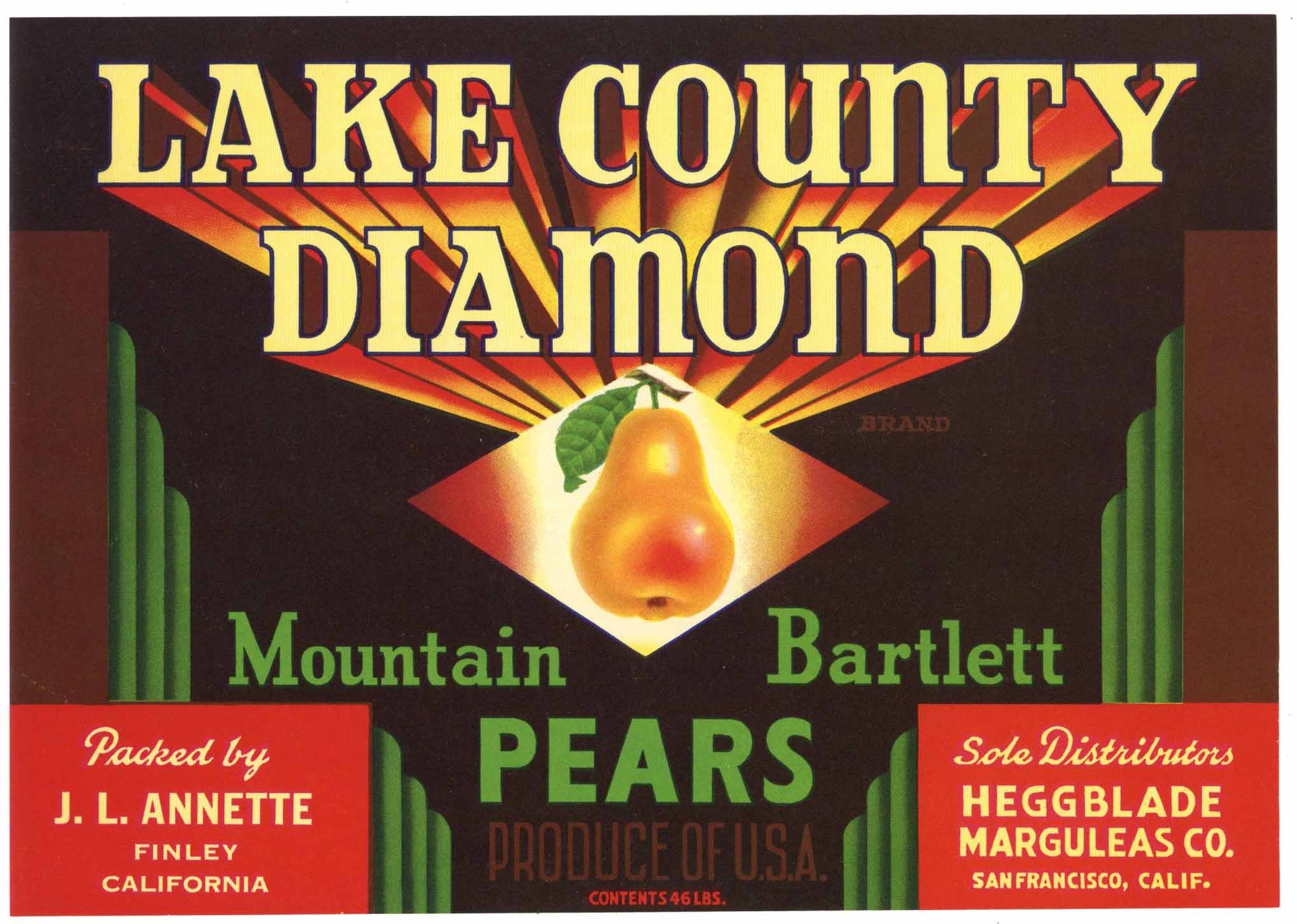 Lake County Diamond Brand Vintage Finley Pear Crate Label, 46 LBS